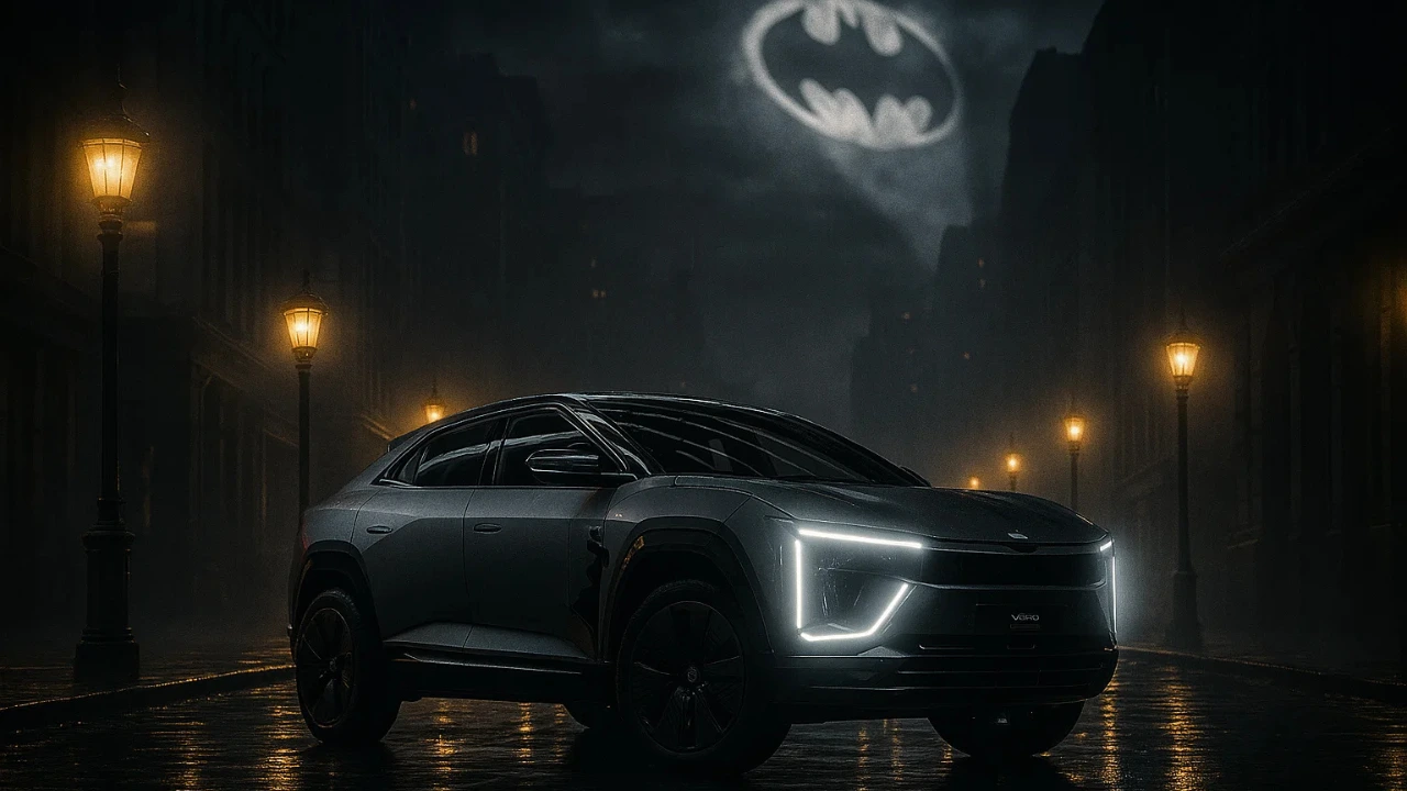 Mahindra BE 6 Batman Edition electric SUV, with its lights on, parked on a wet, dark city street, with the iconic Bat-Signal projected on the clouds in the background.