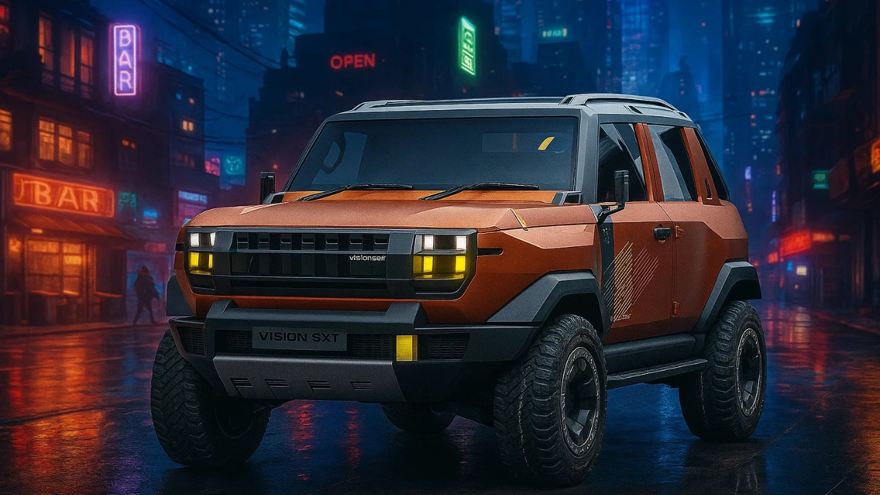 Front view of the orange Mahindra Vision SXT concept, a Thar-inspired pickup truck on a city street at night.