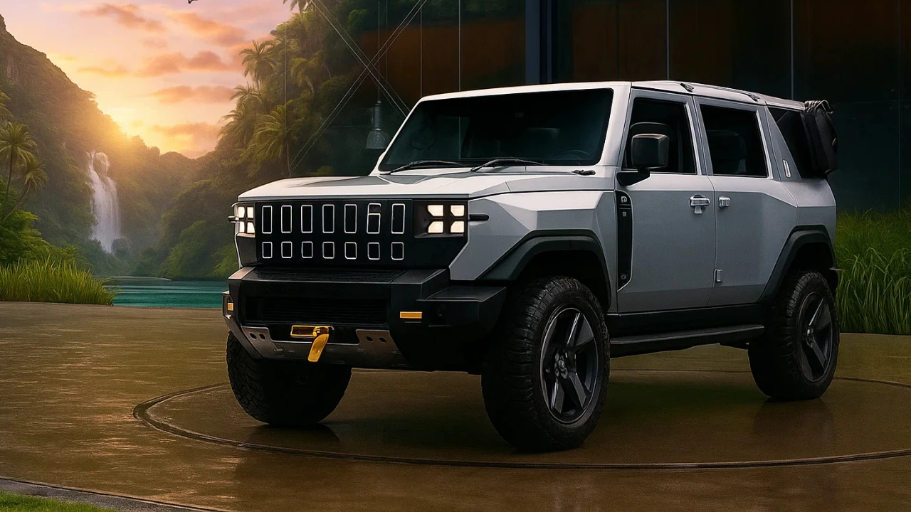 Modern white Mahindra Vision T concept SUV with LED lights and off-road tires at a tropical sunrise.