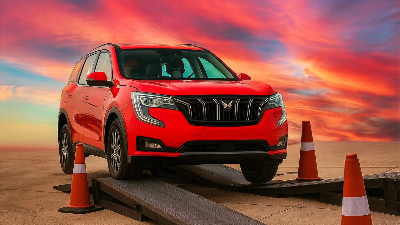 Mahindra XUV700 sales milestone. A vibrant red Mahindra XUV700 SUV is shown driving on a road, highlighting its design and road presence.