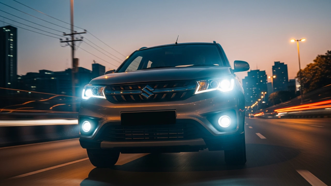 Front view of the upcoming Maruti ARENA SUV driving on a city road at dusk, with its bright LED headlights on, showcasing its muscular design. This image previews the Maruti ARENA SUV Price expectations.