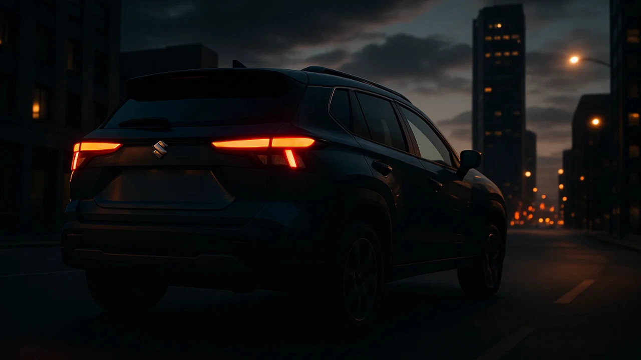 Maruti Suzuki new SUV driving on a city road at dusk with dramatic low-angle lighting highlighting its sharp LED taillights and bold exterior design.