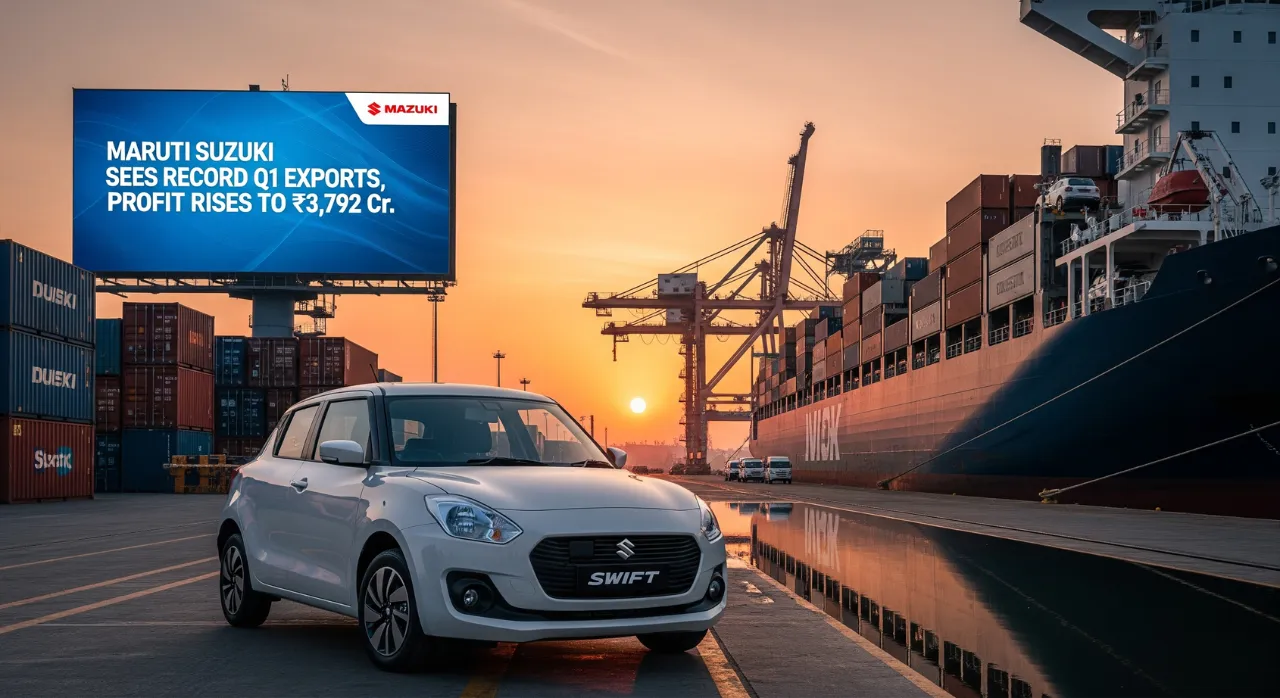 A Maruti Suzuki Swift at a bustling port with a cargo ship, and a billboard announcing "Record Q1 Exports, Profit Rises to ₹3,792 Cr."