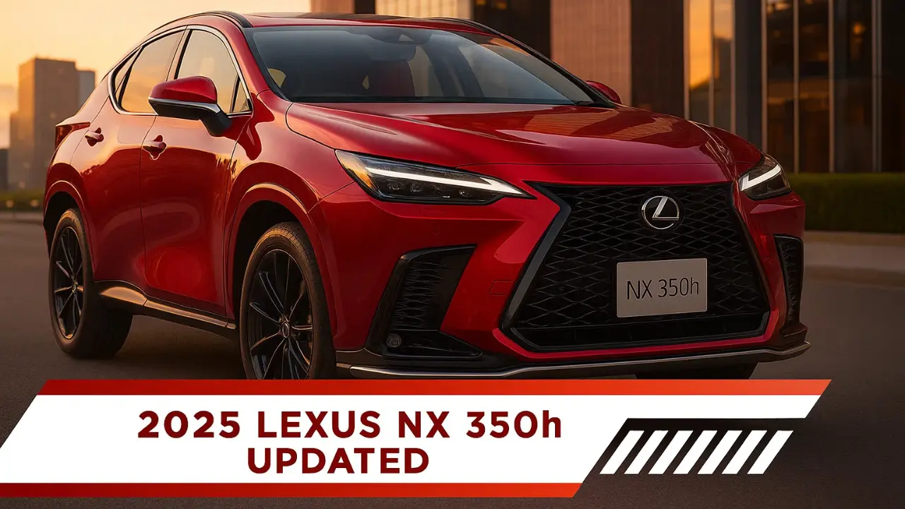 Radiant Red 2025 Lexus NX 350h showcasing its updated design and prominent spindle grille.