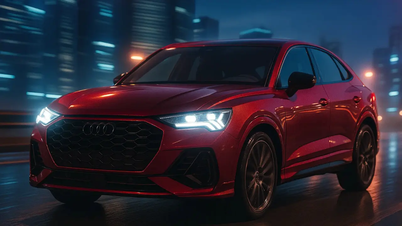 Red second-gen Audi Q3 Sportback driving in a futuristic city at dusk.