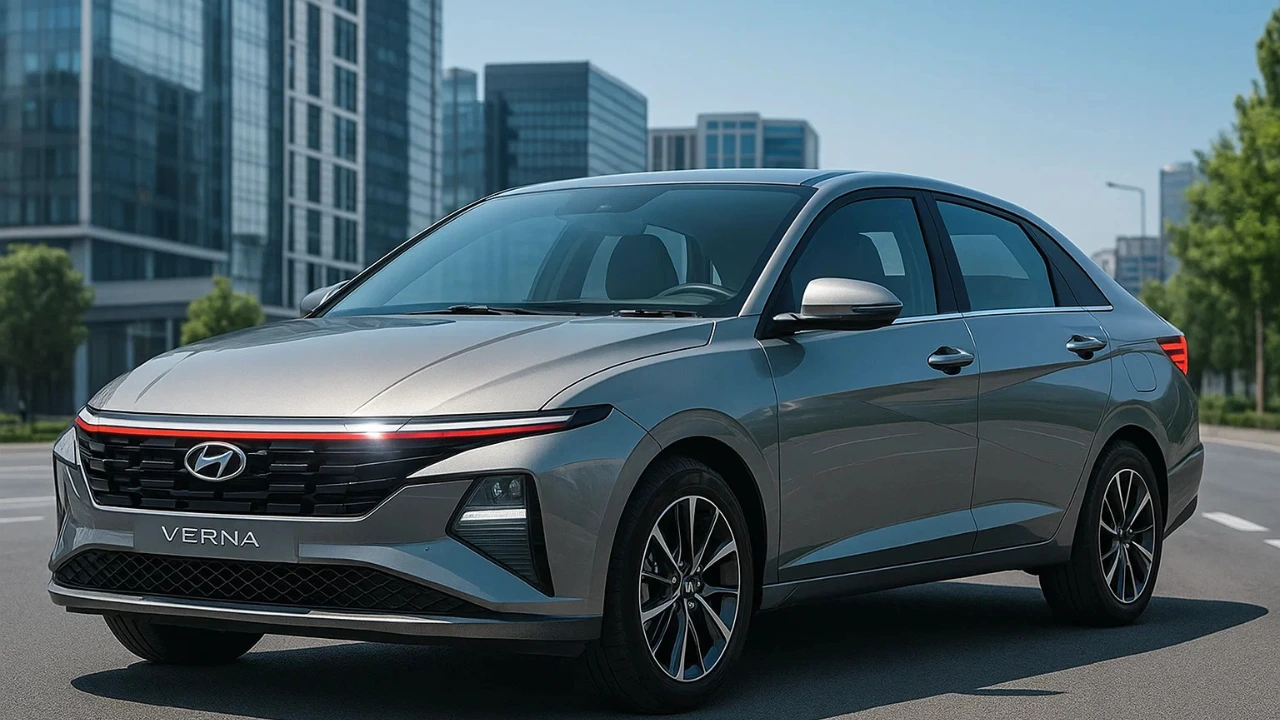 Sleek silver Hyundai Verna sedan with futuristic front light bar and sharp lines, parked on a city street with modern buildings in the background.