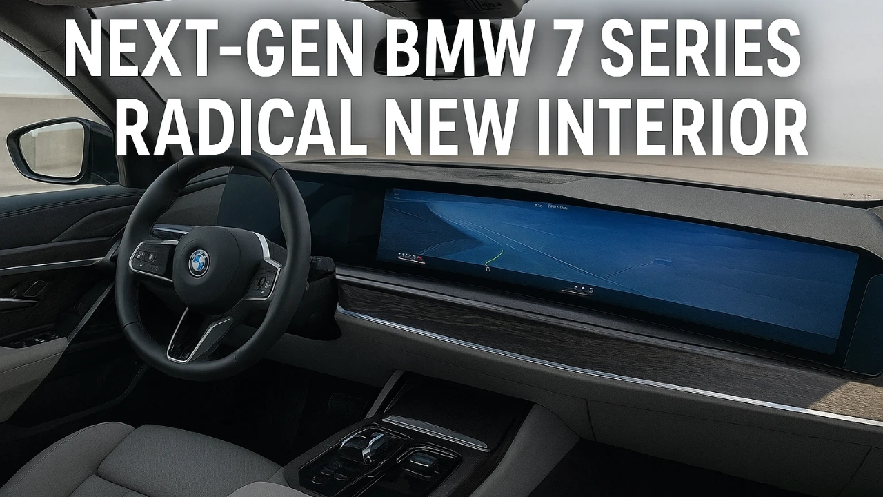 Futuristic interior of the Next-Gen BMW 7 Series showcasing panoramic digital display, sleek dashboard, and luxury finishes.