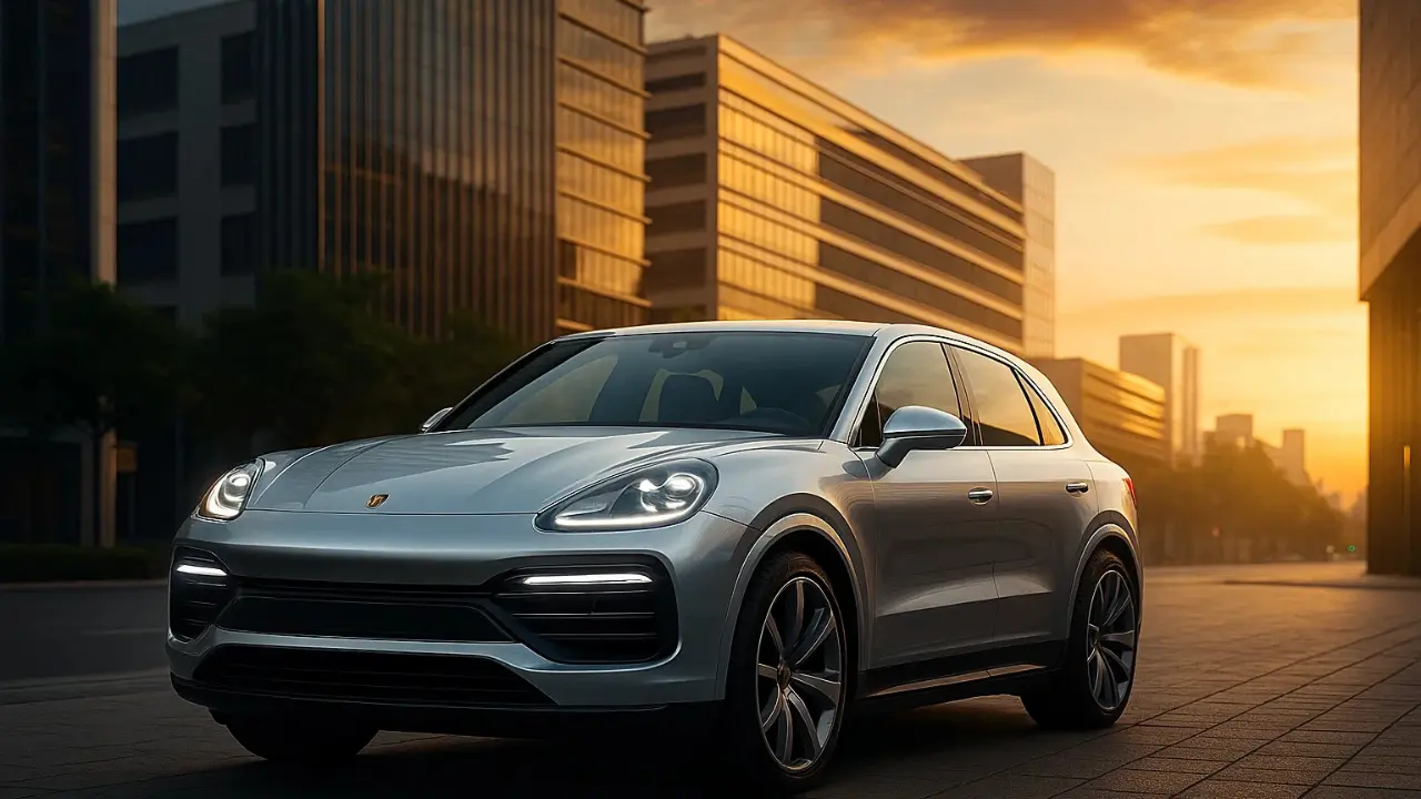 Porsche Cayenne EV parked on a city street at sunset, showcasing its front design and headlights.
