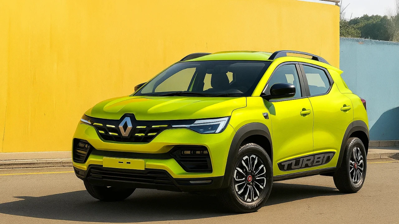 Green Renault Kiger facelift showcasing updated front design.