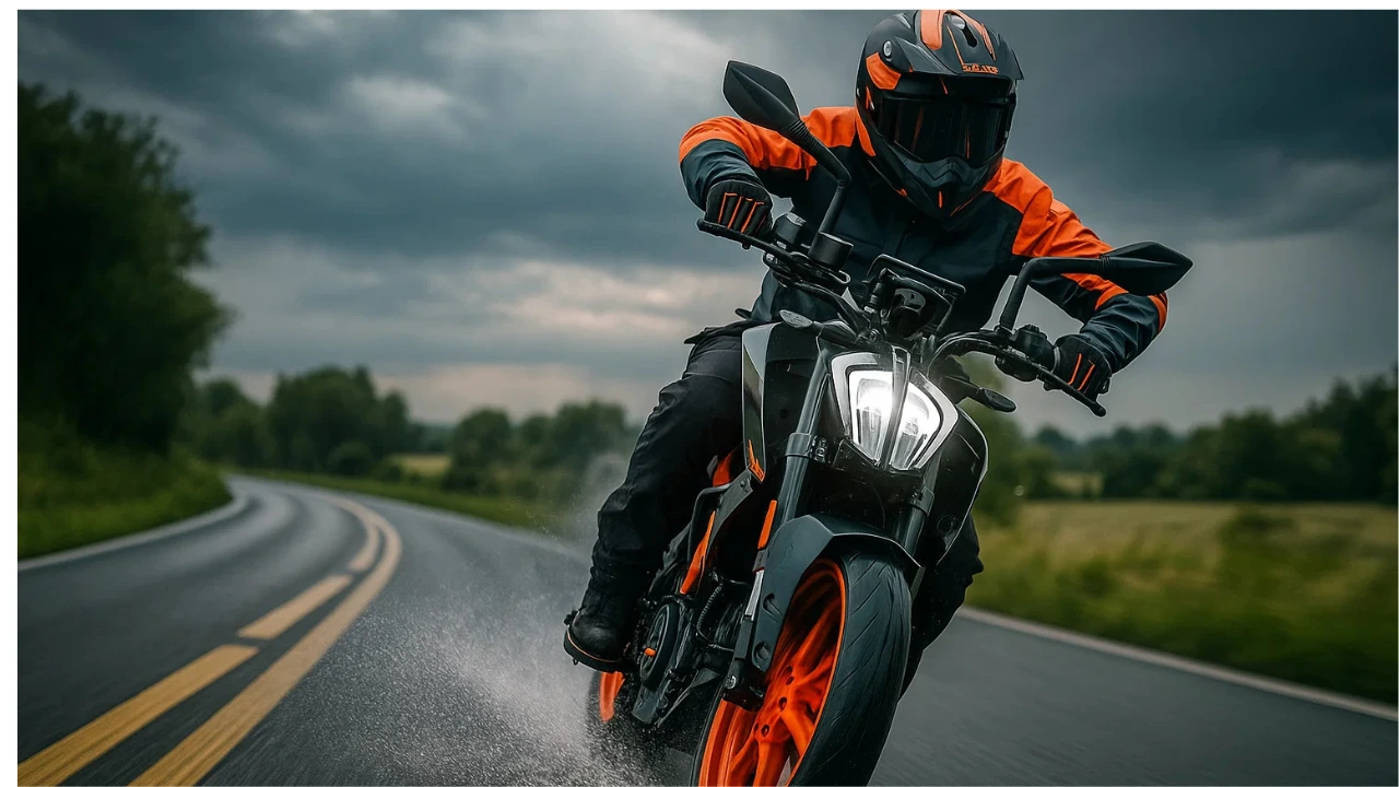 A rider on a black and orange KTM Duke 160 motorcycle leans into a curve on a wet road under a cloudy sky.