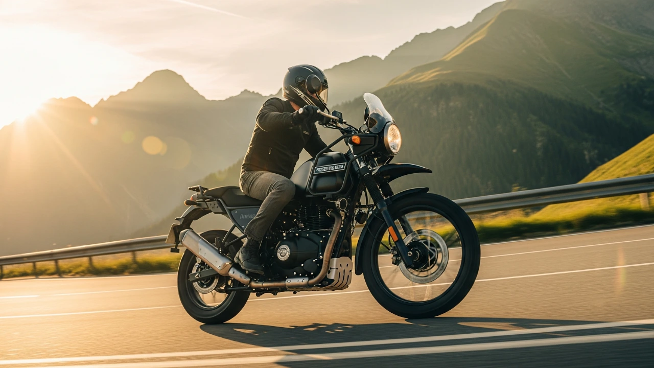 A dynamic, low-angle shot of a black Royal Enfield Himalayan 750 adventure bike riding on a sunny mountain road with a scenic backdrop of hills and a sunset.