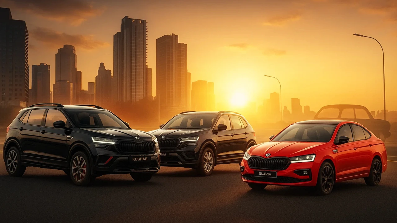 Skoda Kushaq and Slavia cars in a city at sunset with a faded old car in the background, promoting the Skoda Exchange Carnival for trading in a used car.