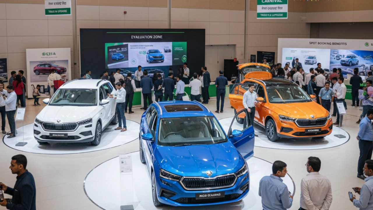 Skoda Exchange Carnival with Kushaq, Slavia, and Kylaq on display. Customers exploring Skoda car exchange offers.