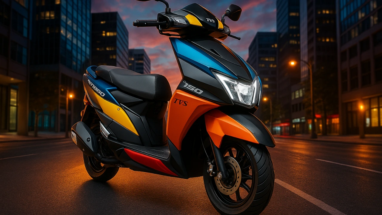 TVS Ntorq 150 sporty scooter on city street with dramatic lighting