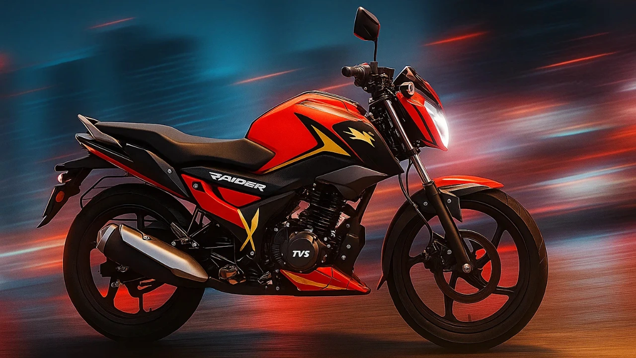 The TVS Raider Super Squad Edition in the Wolverine-inspired livery, featuring a dynamic red and black color scheme with yellow claw-mark graphics.