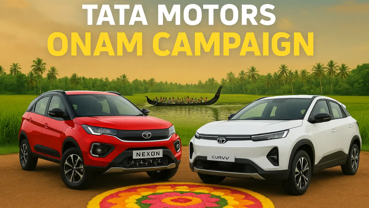 A red Tata Nexon and a white Tata Curvv EV parked beside a colorful Onam ‘Pookalam’ floral design, with lush Kerala greenery and a Vallamkali snake boat race in the background.