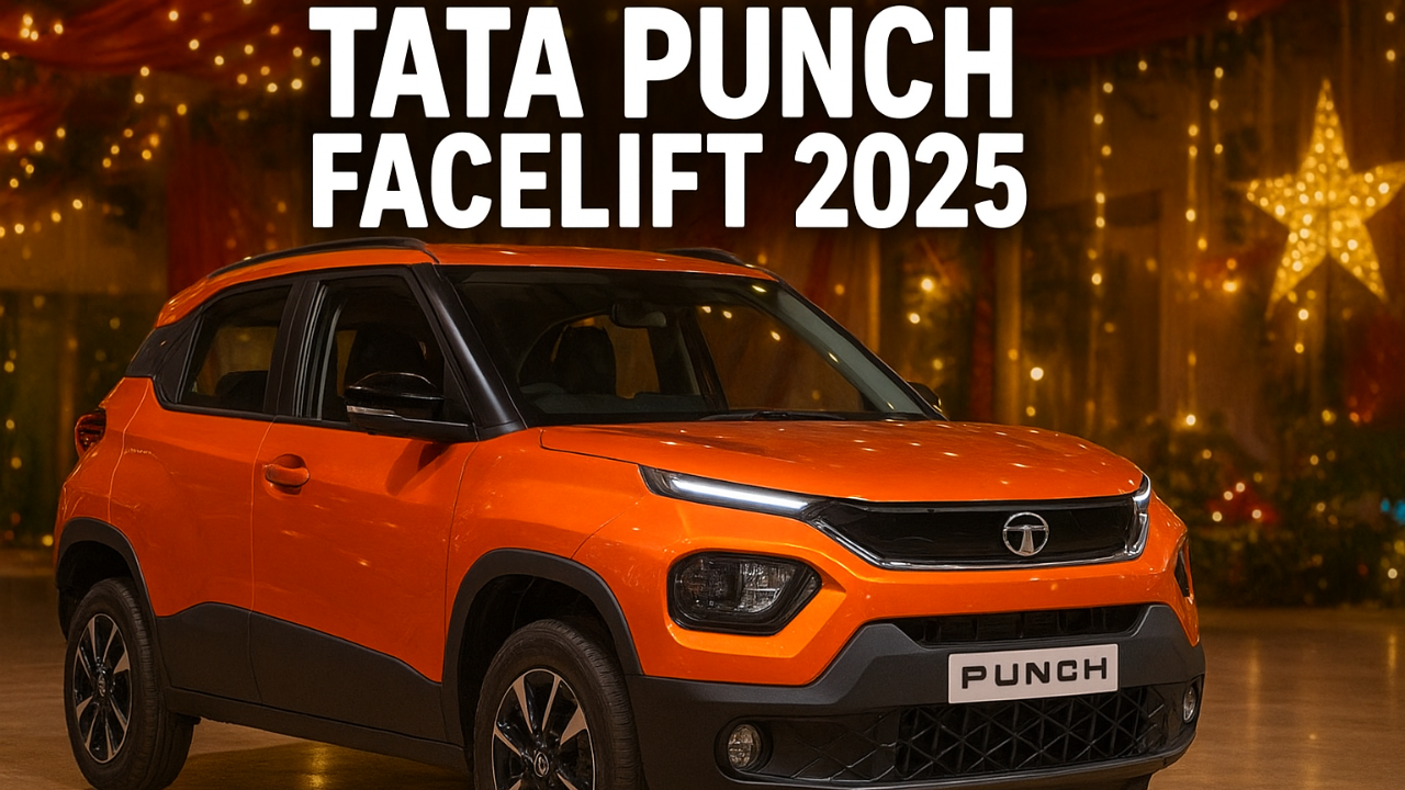 2025 Tata Punch Facelift in bright orange with new LED DRLs, alloy wheels and bold design showcased in a festive showroom setting.