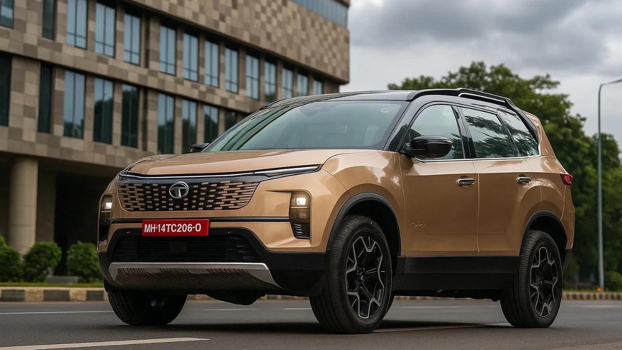 Gold Tata Safari EV driving in India.