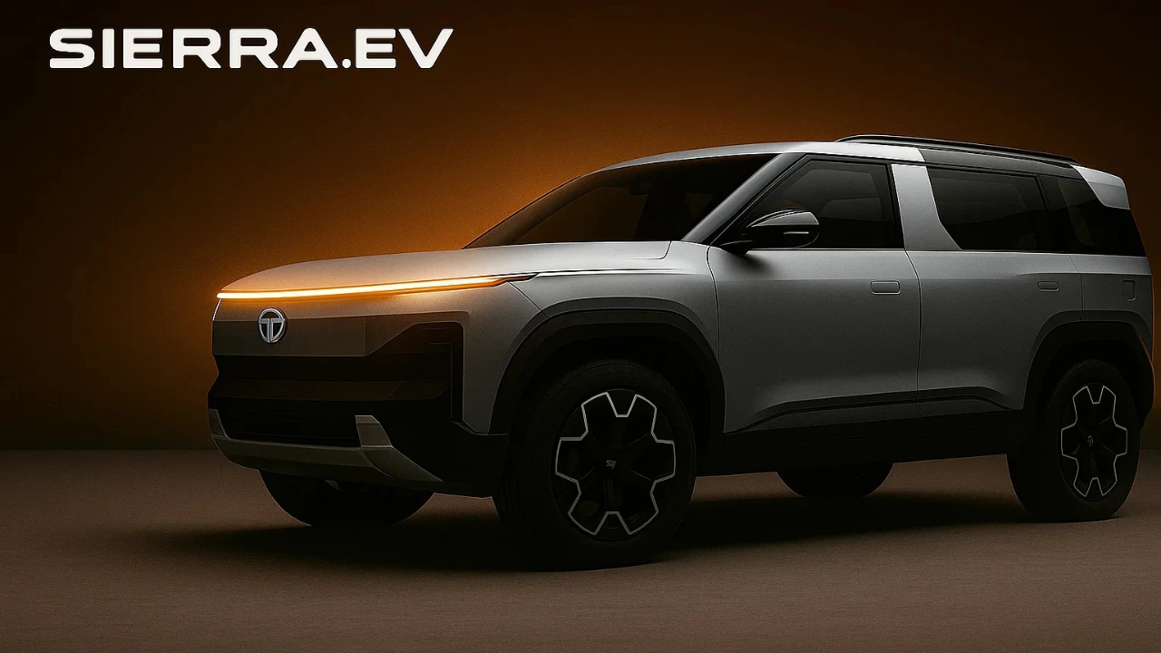 Tata Sierra EV concept car with illuminated front LED bar and "SIERRA.EV" branding, showcasing the design of the upcoming electric SUV.