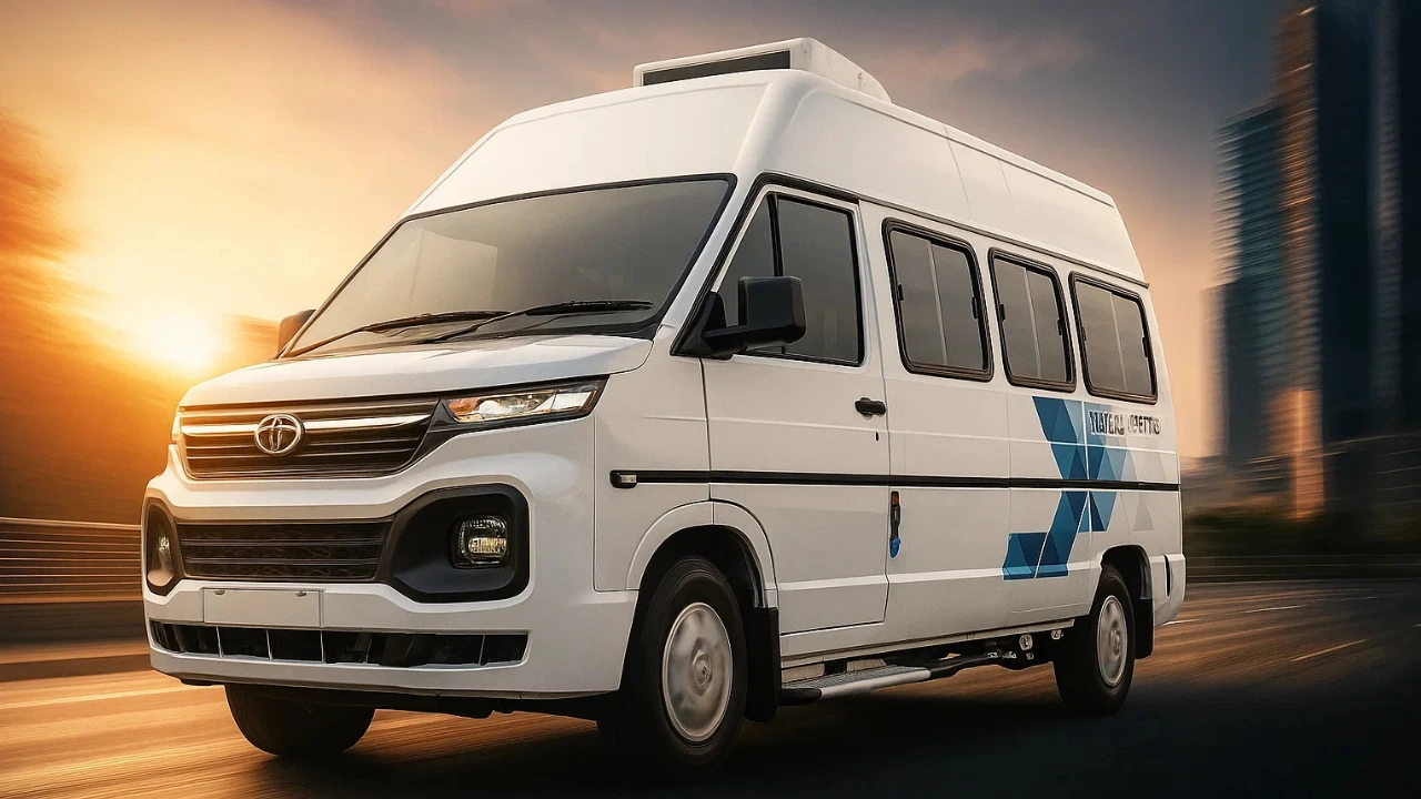 A close-up shot of the front of the new Tata Winger Plus, highlighting its modern design with a chrome-plated 'Trust Bar' and sleek LED DRLs, a key feature of the new 9-seater commercial vehicle.