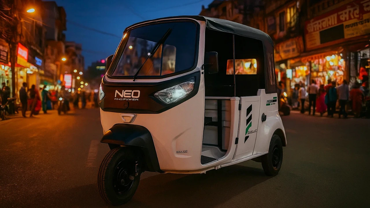 A white Euler Motors NEO HiRange electric auto-rickshaw parked on a bustling Indian street at dusk, with the vehicle's logo clearly visible.