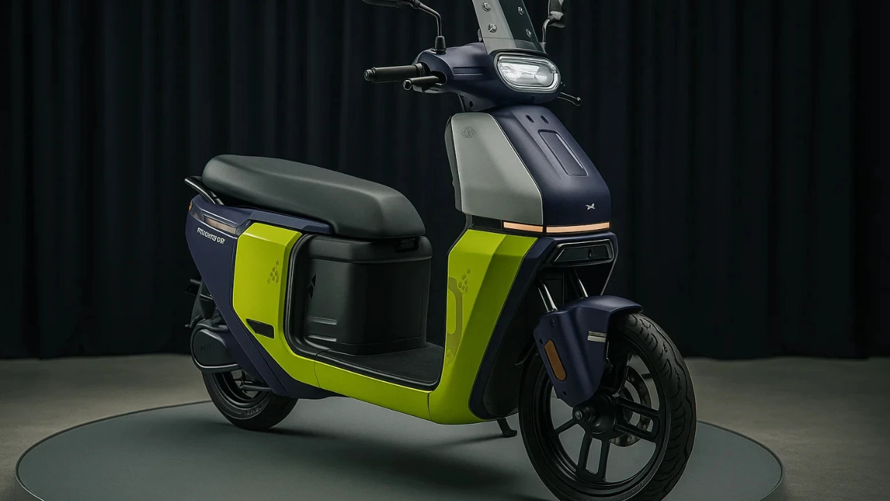 TVS Orbiter electric scooter, dark blue and fluorescent green, studio shot.
