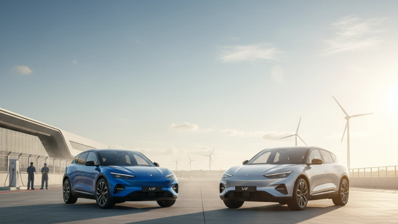 A blue VinFast VF6 and a silver VinFast VF7 electric SUV are parked side-by-side in a modern, open outdoor setting with charging stations and wind turbines in the background, signaling their upcoming price announcement and launch in India.