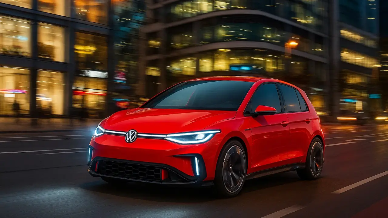 A vibrant red Volkswagen ID. GTI concept car driving through a blurred city street at night, highlighting its sleek design and illuminated headlights.
