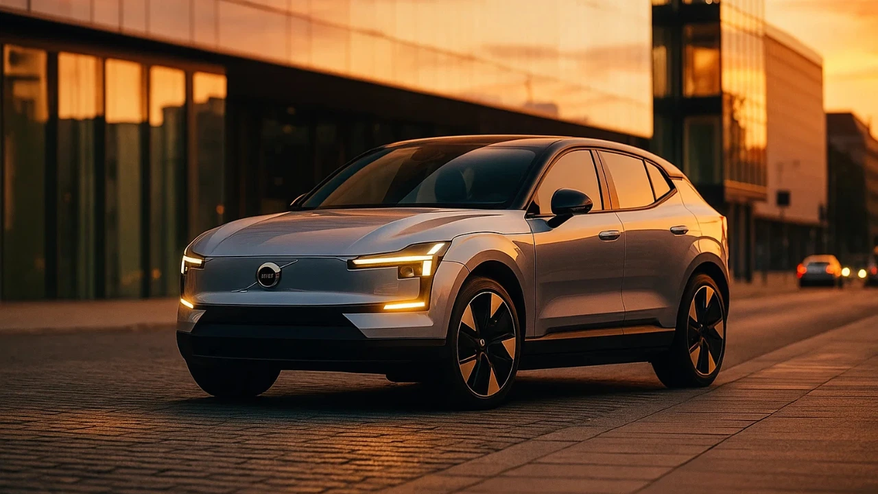 Silver Volvo EX30 electric SUV on a city street at sunset, showcasing its headlights and grille.
