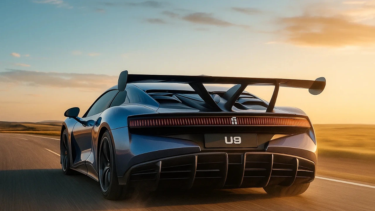 A low-angle, rear-view shot of a blue Yangwang U9 electric supercar driving down a winding road at sunset. The car's sleek design, large rear wing, and "U9" license plate are prominent, with the warm, golden light of the setting sun illuminating the scene and creating a sense of speed and motion.