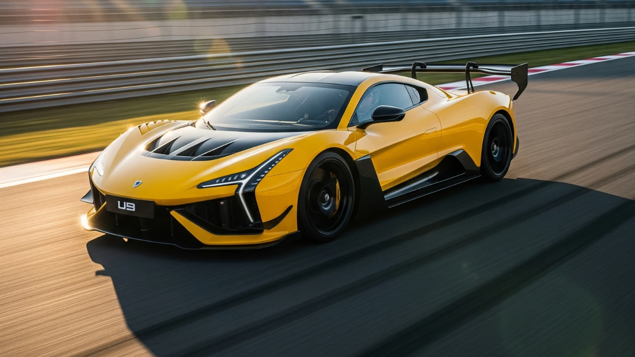A vibrant, low-angle, motion-blurred shot of the Yangwang U9 Track Edition electric hypercar in bright yellow, speeding around a racetrack with a large rear wing and visible carbon-fiber accents.