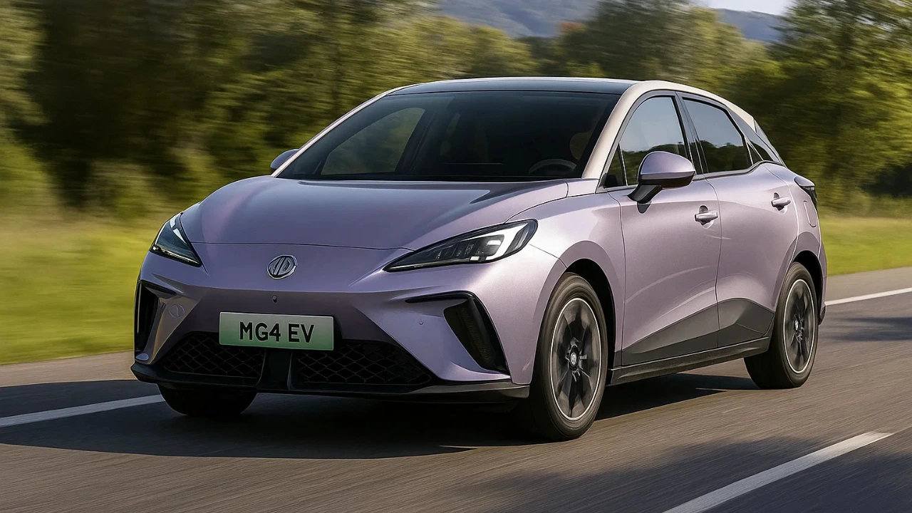 A 2025 MG4 EV, a compact electric hatchback, in a light purple color, driving on a road surrounded by greenery. The car has redesigned headlights and a sleek, modern front grille.