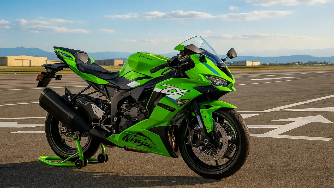 A 2026 Kawasaki Ninja ZX-6R in the signature Lime Green color, with new white and blue graphics, parked on a runway. The bike is on a stand, showing its side profile.