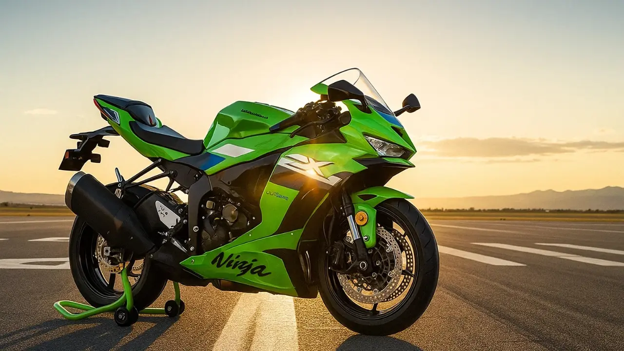 A side-view shot of the new 2026 Kawasaki Ninja ZX-6R in Lime Green with KRT graphics, parked on a runway at sunset. The motorcycle is on a stand, showcasing its aggressive front fairing, black wheels, and upswept exhaust.