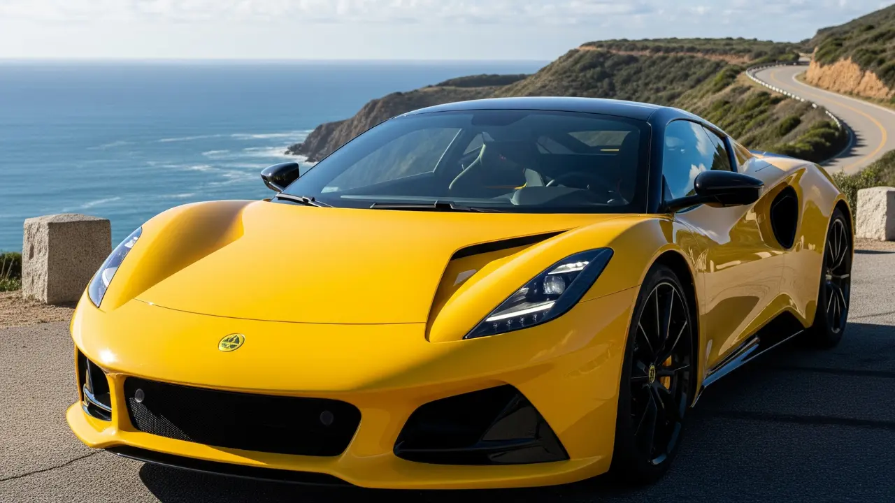 A bright yellow Lotus Emira sports car is parked on a scenic coastal road with the ocean and a winding road visible in the background.
