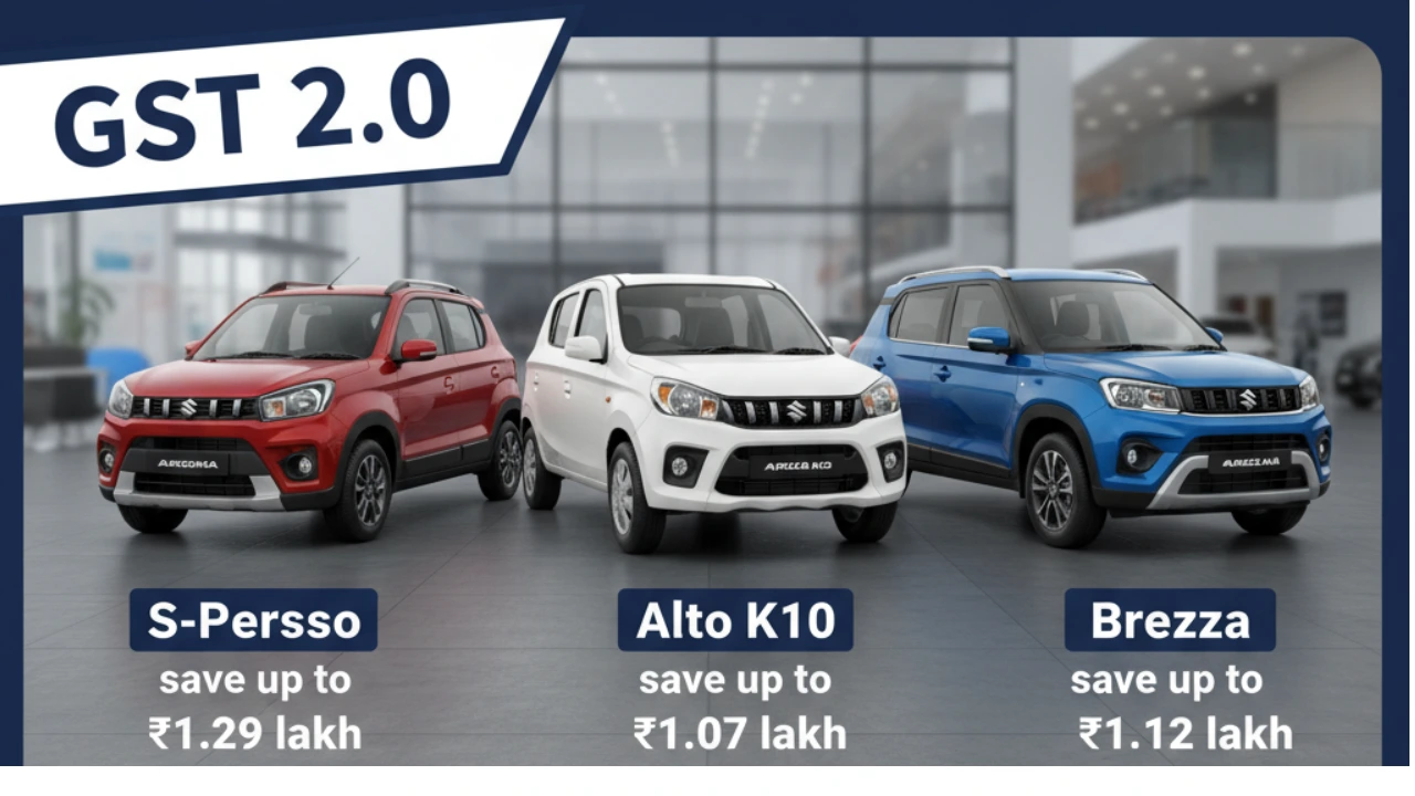Maruti Arena new prices thumbnail showing GST 2.0 with savings up to ₹1.29 lakh on S-Presso, ₹1.07 lakh on Alto K10, and ₹1.12 lakh on Brezza.