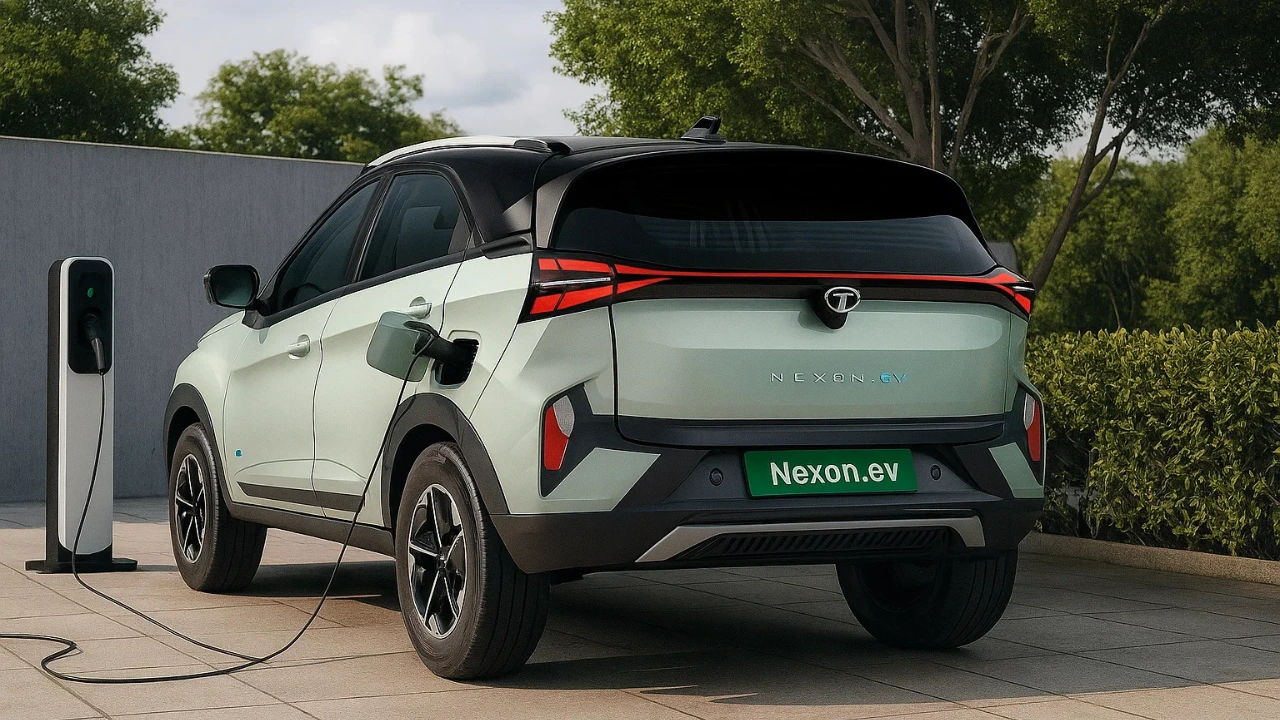 A light green and black dual-tone Tata Nexon EV is shown from the rear, parked in a driveway and connected to a white charging station. The charging cable is plugged into the car's left rear fender. The taillights are on, and the license plate reads "Nexon.ev"