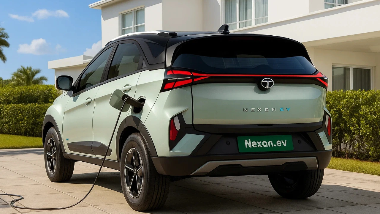 A close-up shot of the front left headlight and ADAS sensor unit on a dark-colored Tata Nexon EV. The car is partially illuminated, highlighting the new sensor and the car's distinctive daytime running lights.
