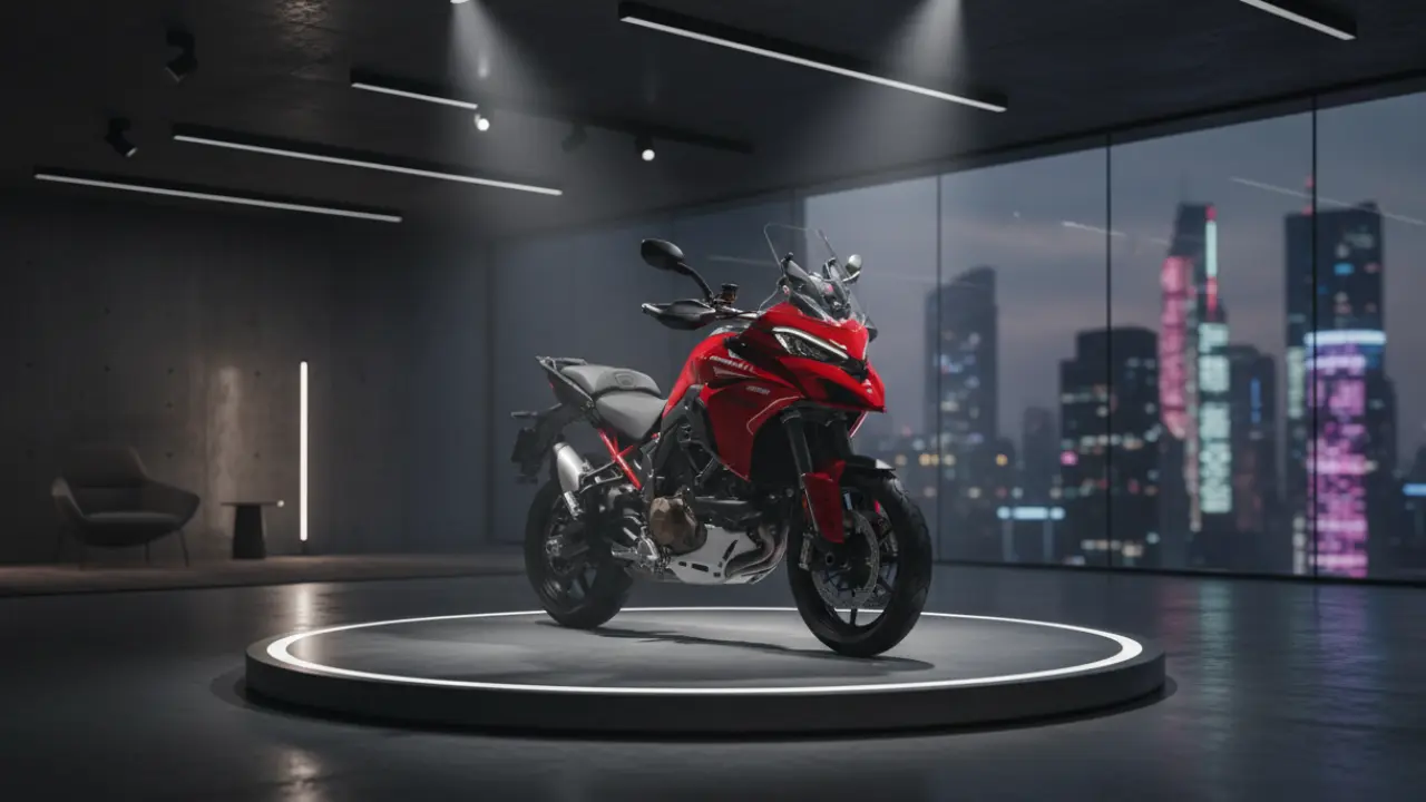 Red 2025 Ducati Multistrada V4 motorcycle in a modern showroom.