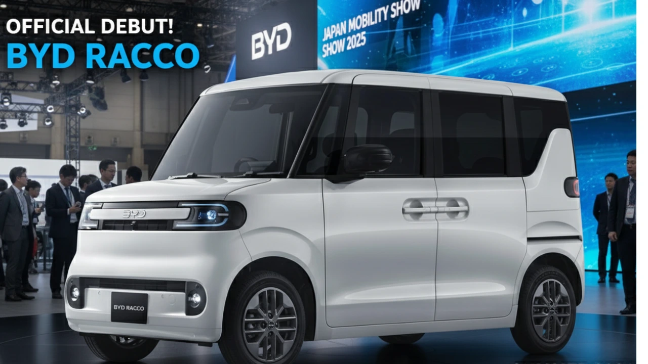 BYD Racco Kei Car is unveiled on stage at the Japan Mobility Show 2025. The compact electric vehicle is scheduled for a Summer 2026 launch in Japan.