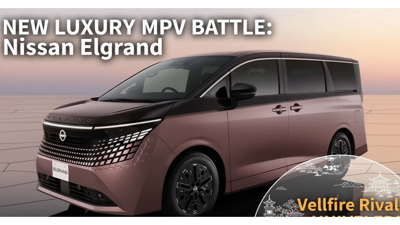 Front three-quarter view of the new Fourth-generation Nissan Elgrand luxury MPV, featuring a two-tone finish and the new pixel grille design.