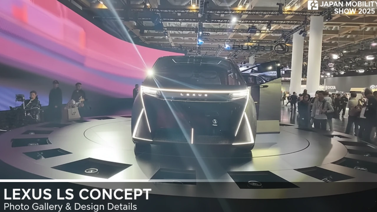 Lexus LS Concept Coupe SUV front view at the Japan Mobility Show, featuring dramatic LED lighting.