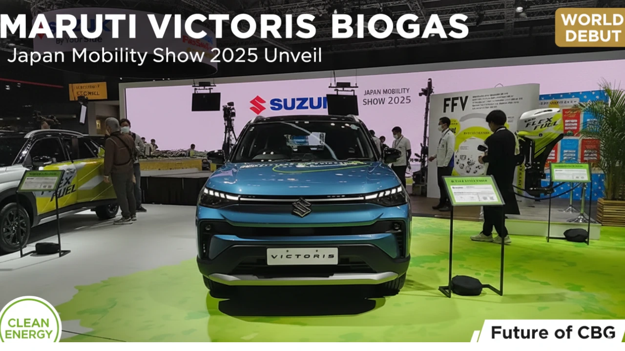 Maruti Victoris Biogas (CBG) Prototype SUV on display at the Suzuki pavilion during the Japan Mobility Show 2025.