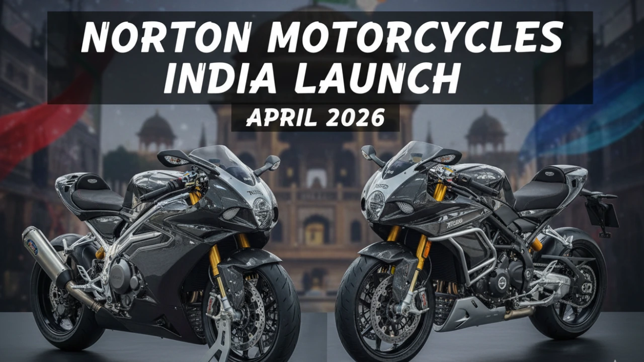 Norton Motorcycles India launch thumbnail featuring the new V4 Superbikes with a subtle Indian backdrop, highlighting the April 2026 arrival.