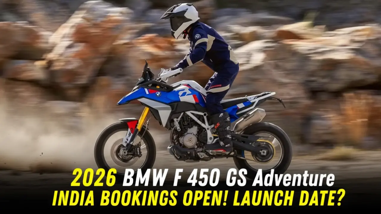 2026 BMW F 450 GS Adventure motorcycle being ridden off-road with yellow text overlay "2026 BMW F 450 GS Adventure INDIA BOOKINGS OPEN! LAUNCH DATE?".