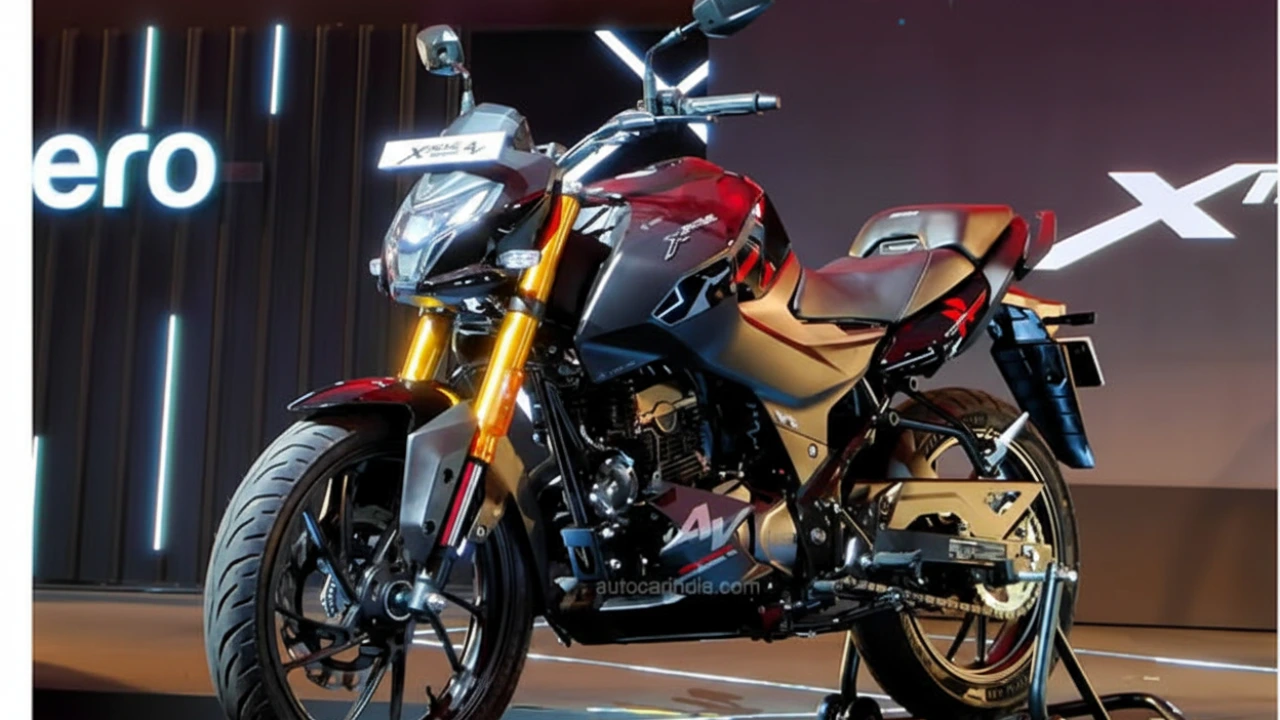 Spy shots of the blue 2026 Hero Xtreme 160R at a dealership, showing the new color LCD console and switchgear for Cruise Control.