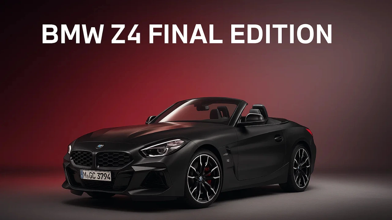 BMW Z4 Final Edition in black colour parked in studio with front three quarter view and red background