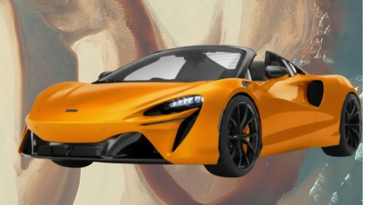 Clean image of an orange McLaren supercar (like the Artura) against a textured blue and brown background, intended to serve as a background visual for an article about the upcoming McLaren SUV.