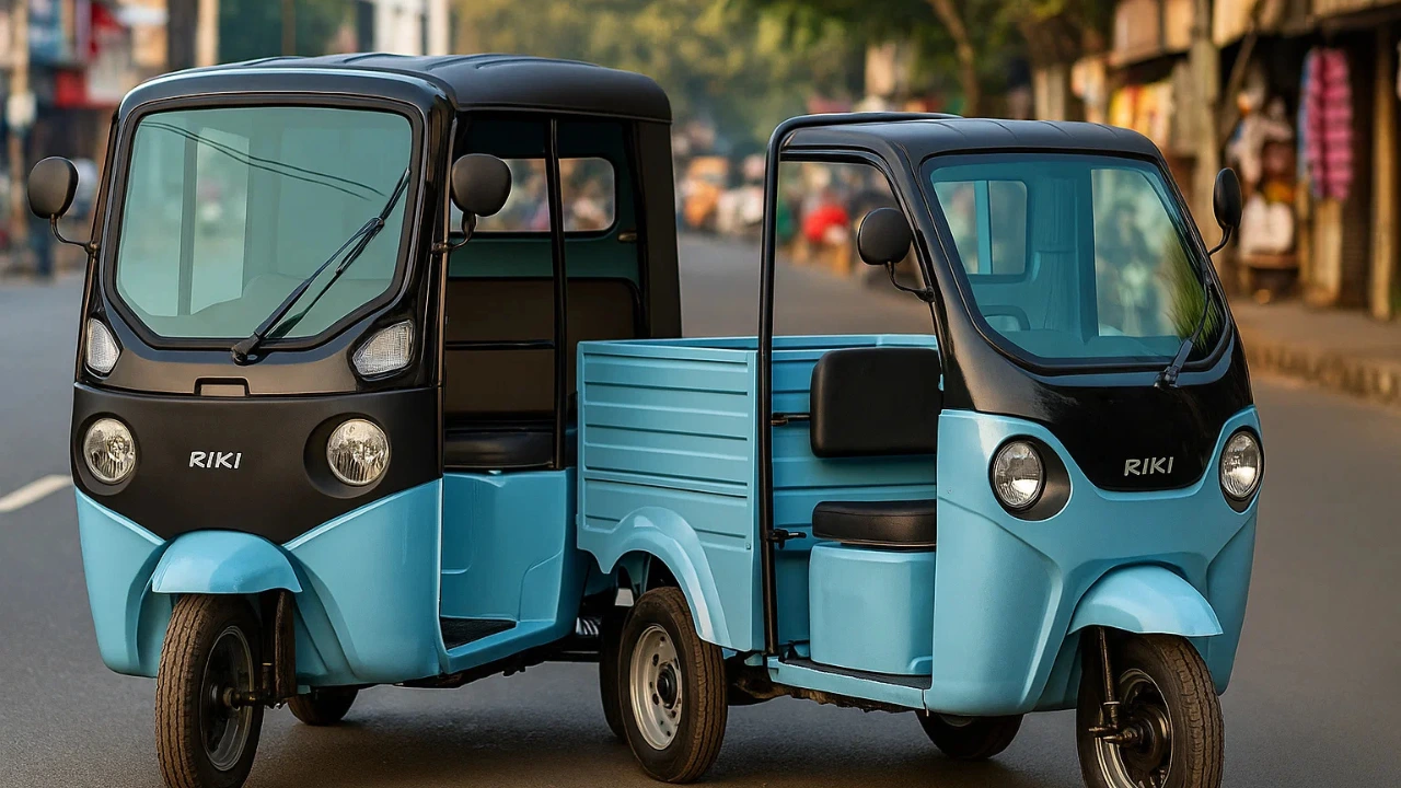 Bajaj Riki e-Rickshaw passenger and cargo electric three wheeler parked on Indian city road