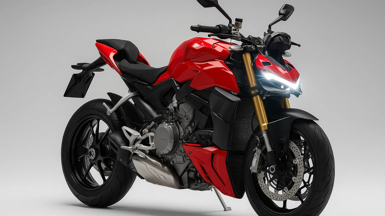 Ducati Streetfighter V2 India red naked sportbike with LED headlight and 890cc V2 engine displayed in studio setting
